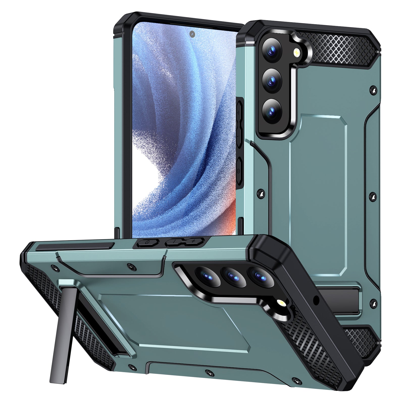 For Samsung Galaxy S22 5G Metal Kickstand Phone Case Anti-Dust Hard PC TPU Phone Cover