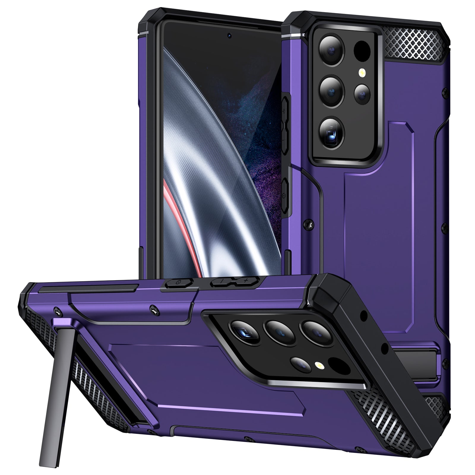 For Samsung Galaxy S21 Ultra 5G Hard PC TPU Phone Shell Shockproof Phone Case with Metal Kickstand -Purple