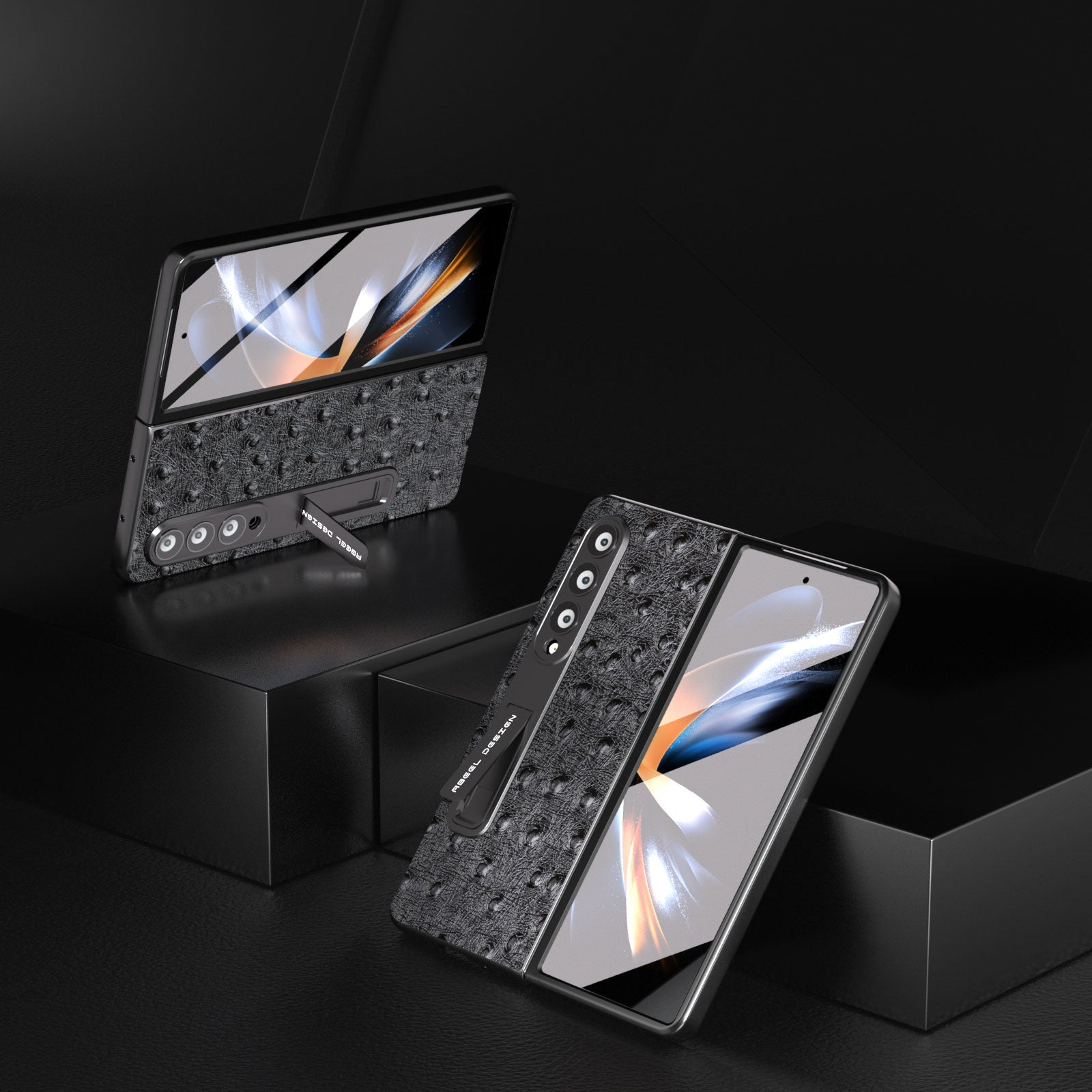 ABEEL Til Samsung Galaxy Z Fold4 5G Struds Tekstur Kickstand Cover Ægte kolæder PC-telefontaske med frontskærmsfilm
