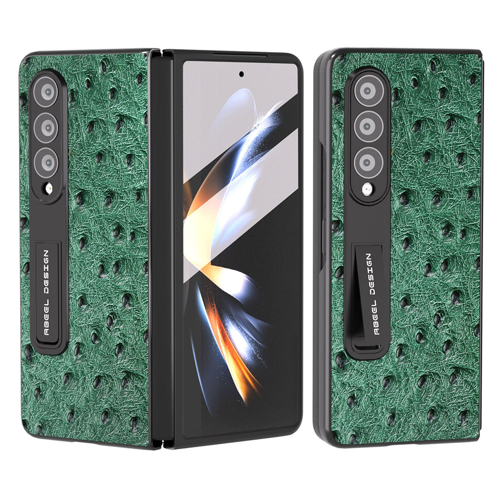 ABEEL For Samsung Galaxy Z Fold4 5G Ostrich Texture Kickstand Cover Genuine Cow Leather PC Phone Case with Front Screen Film