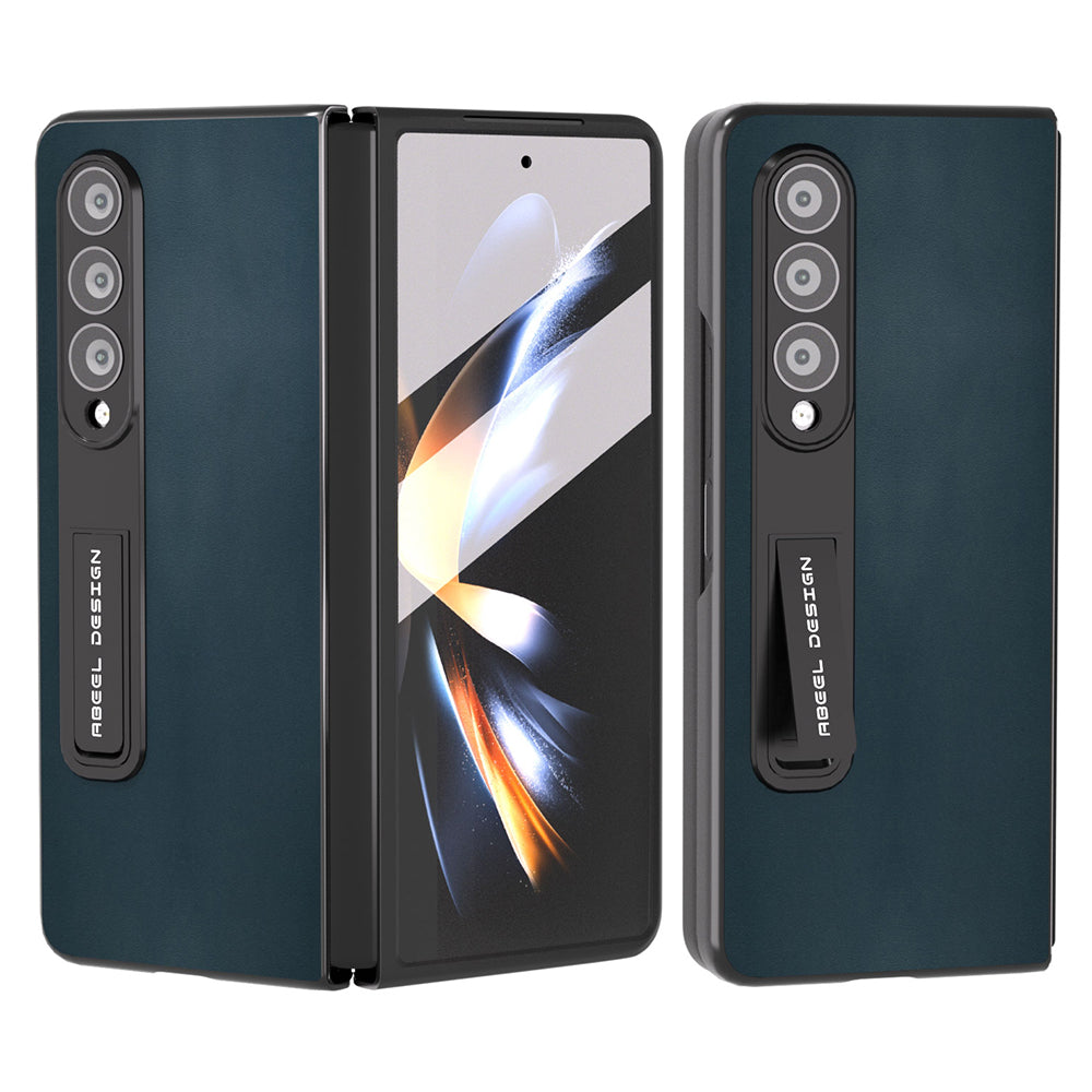 ABEEL For Samsung Galaxy Z Fold4 5G Kickstand Phone Case Genuine Cow Leather PC Cover with Front Screen Film