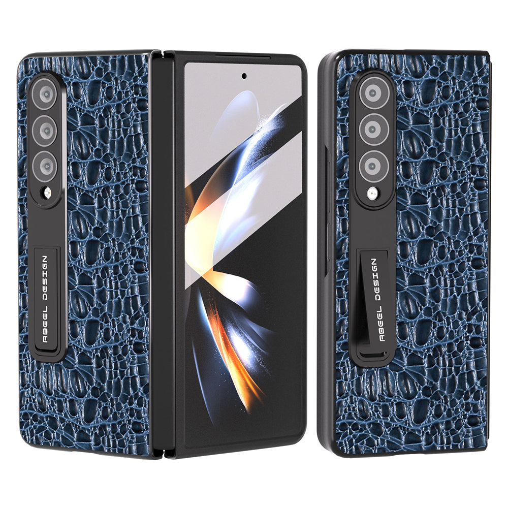 ABEEL For Samsung Galaxy Z Fold4 5G Kickstand Cover Genuine Cow Leather PC Texture Phone Case with Tempered Glass Film