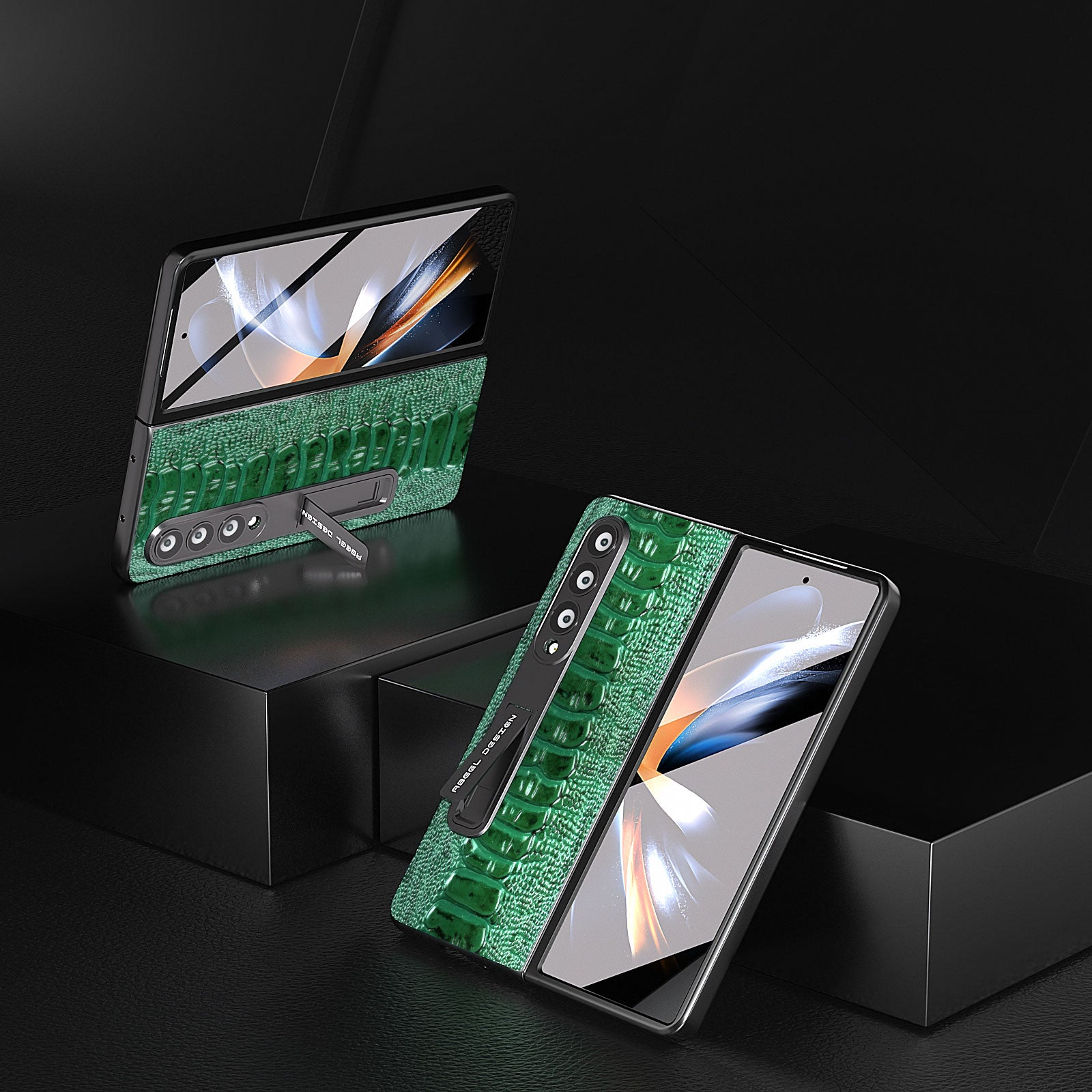 ABEEL For Samsung Galaxy Z Fold4 5G Crocodile Texture Kickstand Cover Genuine Cow Leather PC Phone Case with Clear Front Screen Film