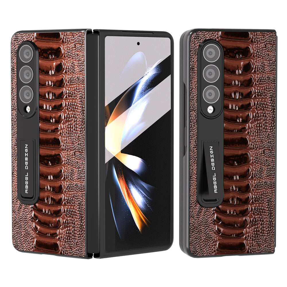 ABEEL For Samsung Galaxy Z Fold4 5G Crocodile Texture Kickstand Cover Genuine Cow Leather PC Phone Case with Clear Front Screen Film