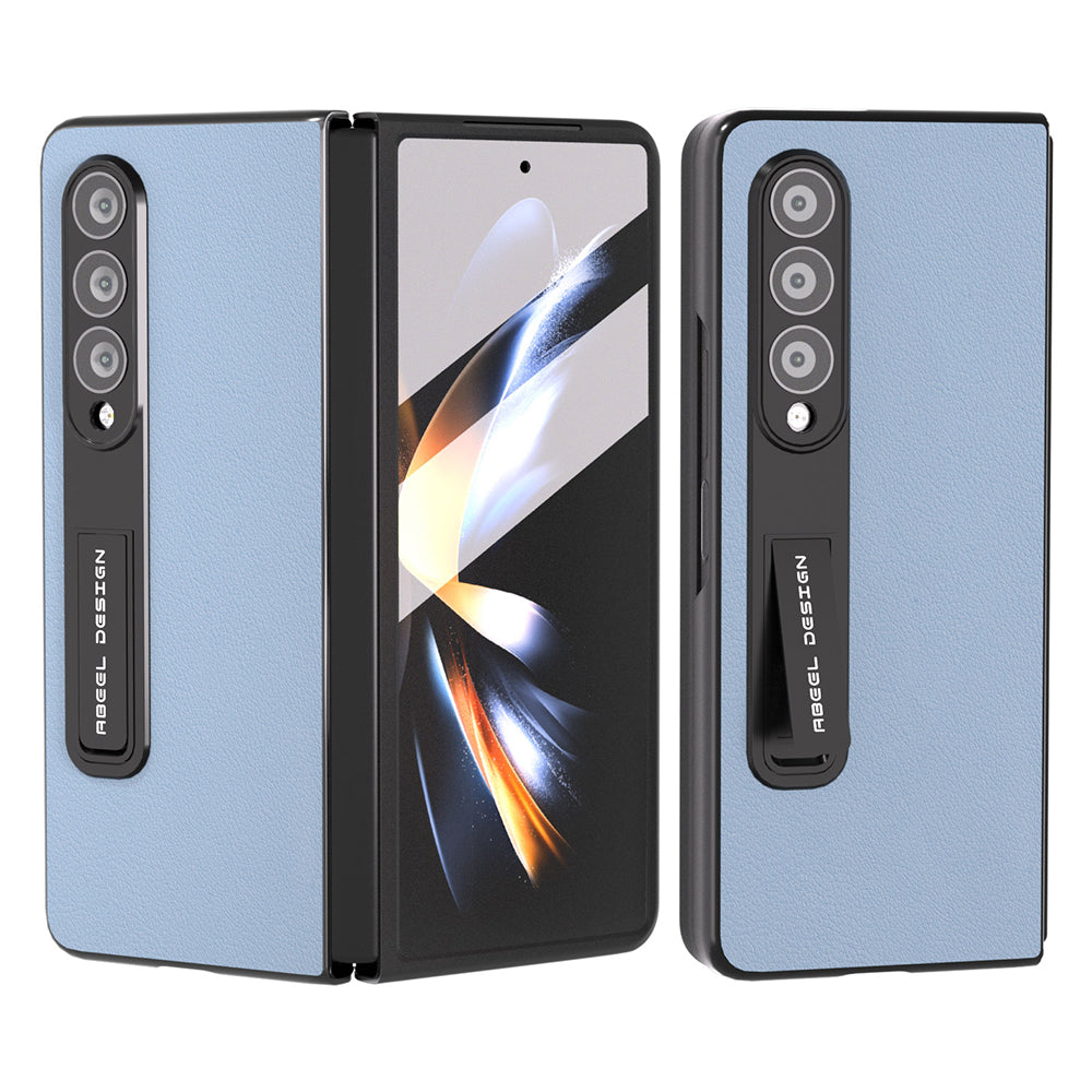 ABEEL For Samsung Galaxy Z Fold4 5G Protective Texture Phone Case Genuine Cow Leather PC Kickstand Cover with Tempered Glass Film