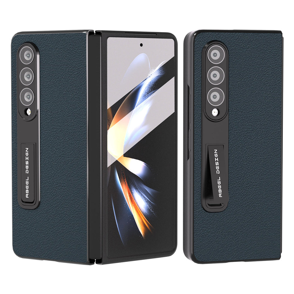 ABEEL For Samsung Galaxy Z Fold4 5G Protective Texture Phone Case Genuine Cow Leather PC Kickstand Cover with Tempered Glass Film