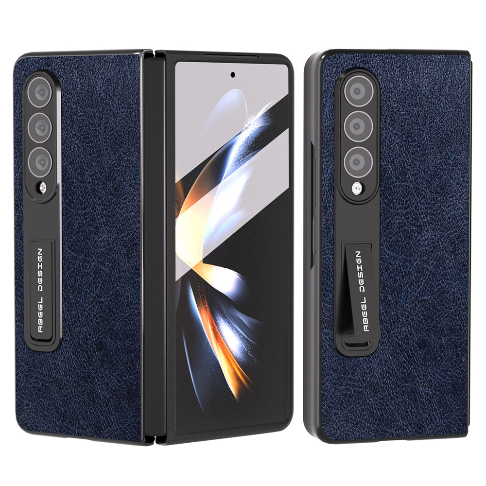 ABEEL For Samsung Galaxy Z Fold4 5G Kickstand Phone Case Litchi Texture PU Leather PC Vintage Cover with Front Screen Film