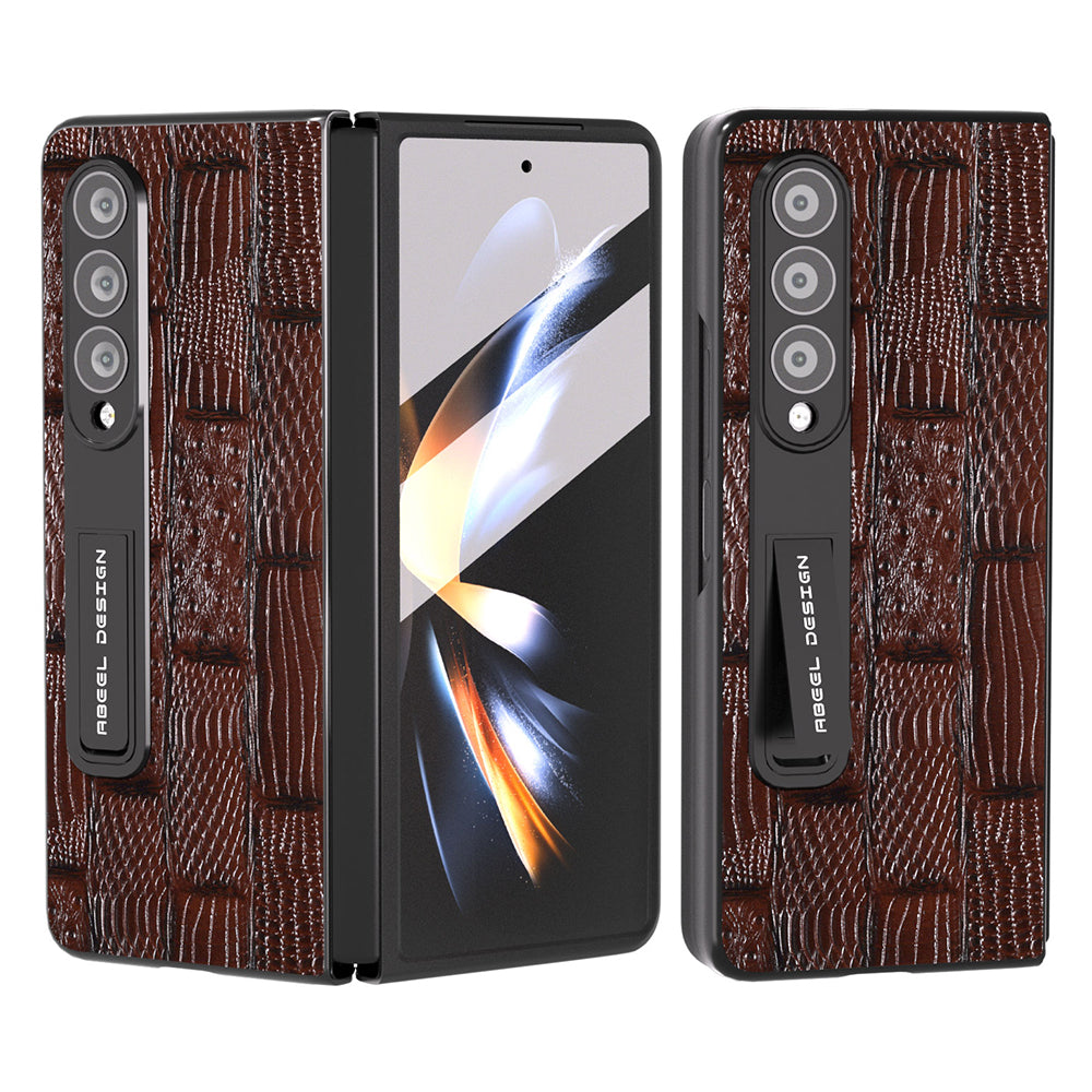 ABEEL For Samsung Galaxy Z Fold4 Genuine Cow Leather PC Full Protective Cover Mahjong Texture Kickstand Phone Case with Screen Film