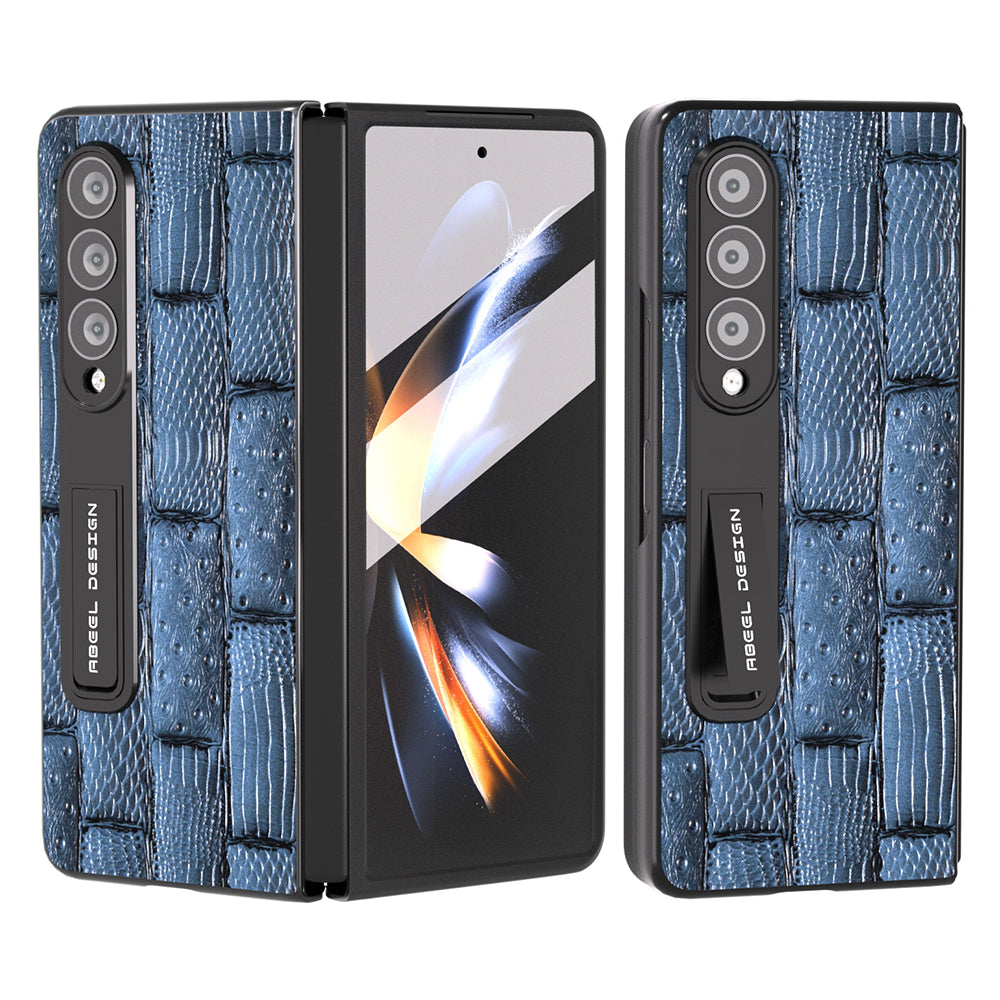 ABEEL For Samsung Galaxy Z Fold4 Genuine Cow Leather PC Full Protective Cover Mahjong Texture Kickstand Phone Case with Screen Film