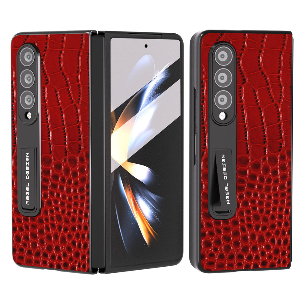 ABEEL For Samsung Galaxy Z Fold4 5G Kickstand Case Genuine Cow Leather PC Crocodile Texture Phone Cover with Screen Film