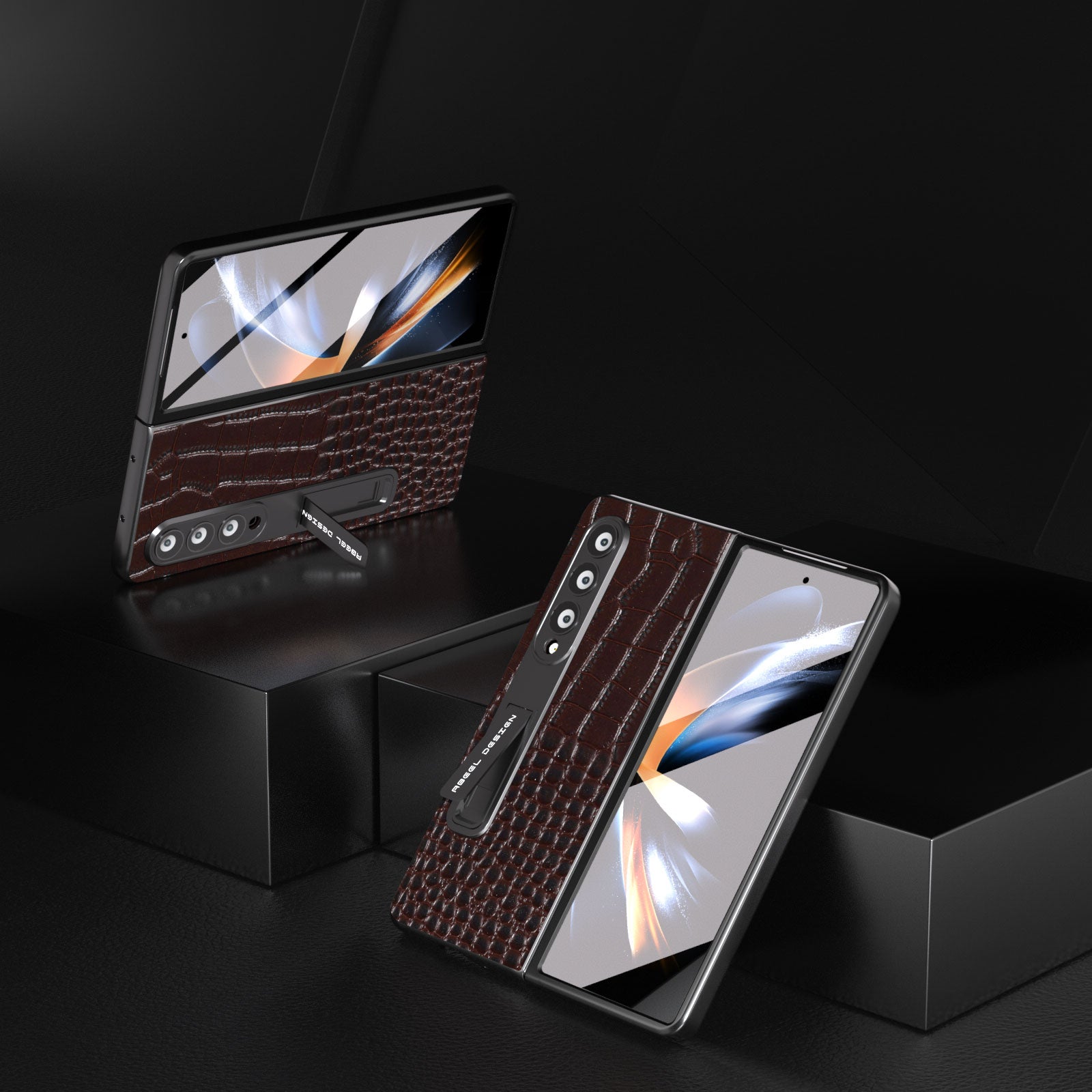 ABEEL For Samsung Galaxy Z Fold4 5G Kickstand Case Genuine Cow Leather PC Crocodile Texture Phone Cover with Screen Film