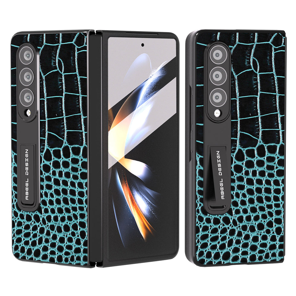 ABEEL For Samsung Galaxy Z Fold4 5G Kickstand Case Genuine Cow Leather PC Crocodile Texture Phone Cover with Screen Film