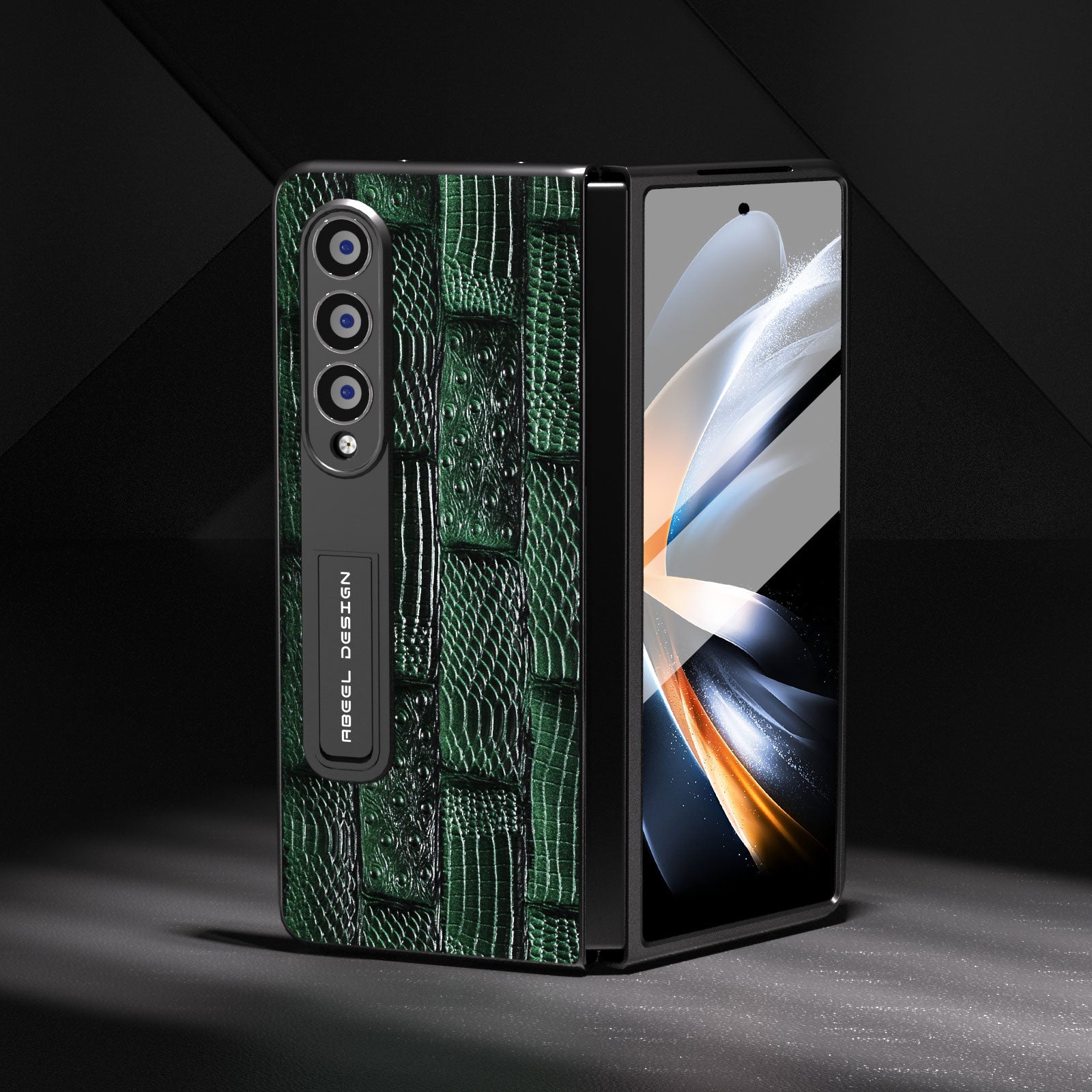 ABEEL til Samsung Galaxy Z Fold3 ægte ko-læder pc-telefontaske Mahjong Texture Kickstand Foldebart cover med skærmfilm