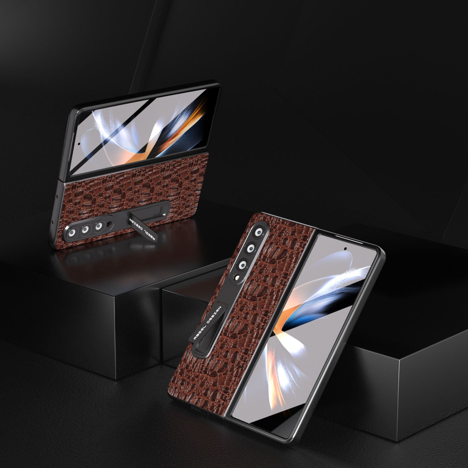 ABEEL For Samsung Galaxy Z Fold3 5G Phone Case Genuine Cow Leather PC Kickstand Cover with Screen Protector