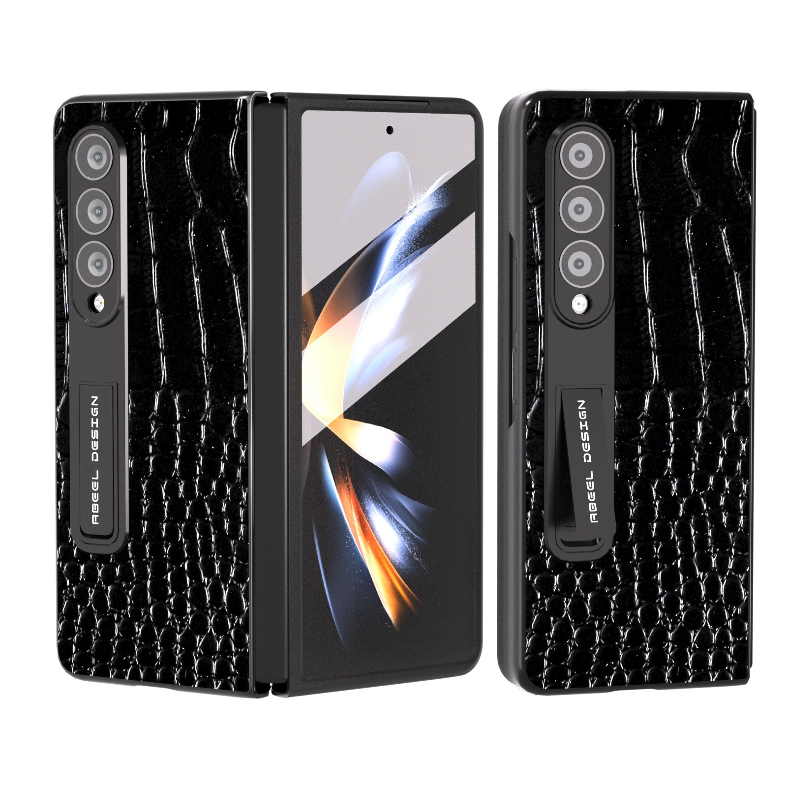 ABEEL Til Samsung Galaxy Z Fold3 5G Kickstand Beskyttelsescover Krokodilletekstur Ægte kolæder PC-telefontaske med skærmfilm