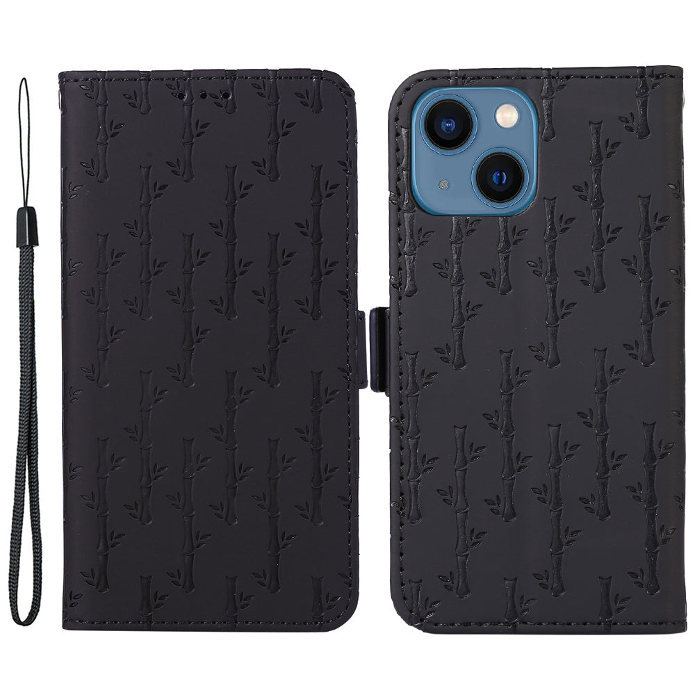 For iPhone 14 Lucky Bamboo Imprinted Phone Case Anti-drop Skin-touch Flip Cover with Strap