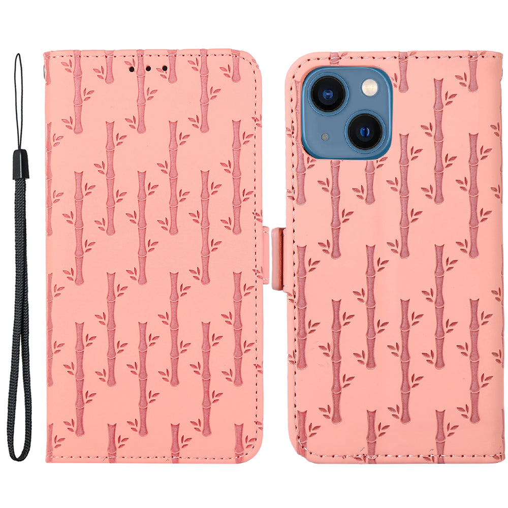 For iPhone 14 Lucky Bamboo Imprinted Phone Case Anti-drop Skin-touch Flip Cover with Strap
