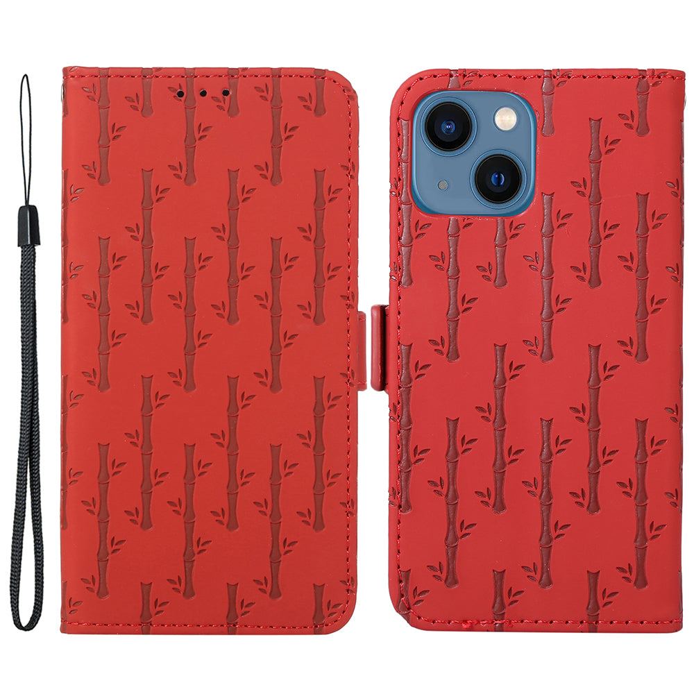 For iPhone 14 Plus Lucky Bamboo Imprinted Folio Flip Phone Case Skin-touch Anti-drop Cover with Strap