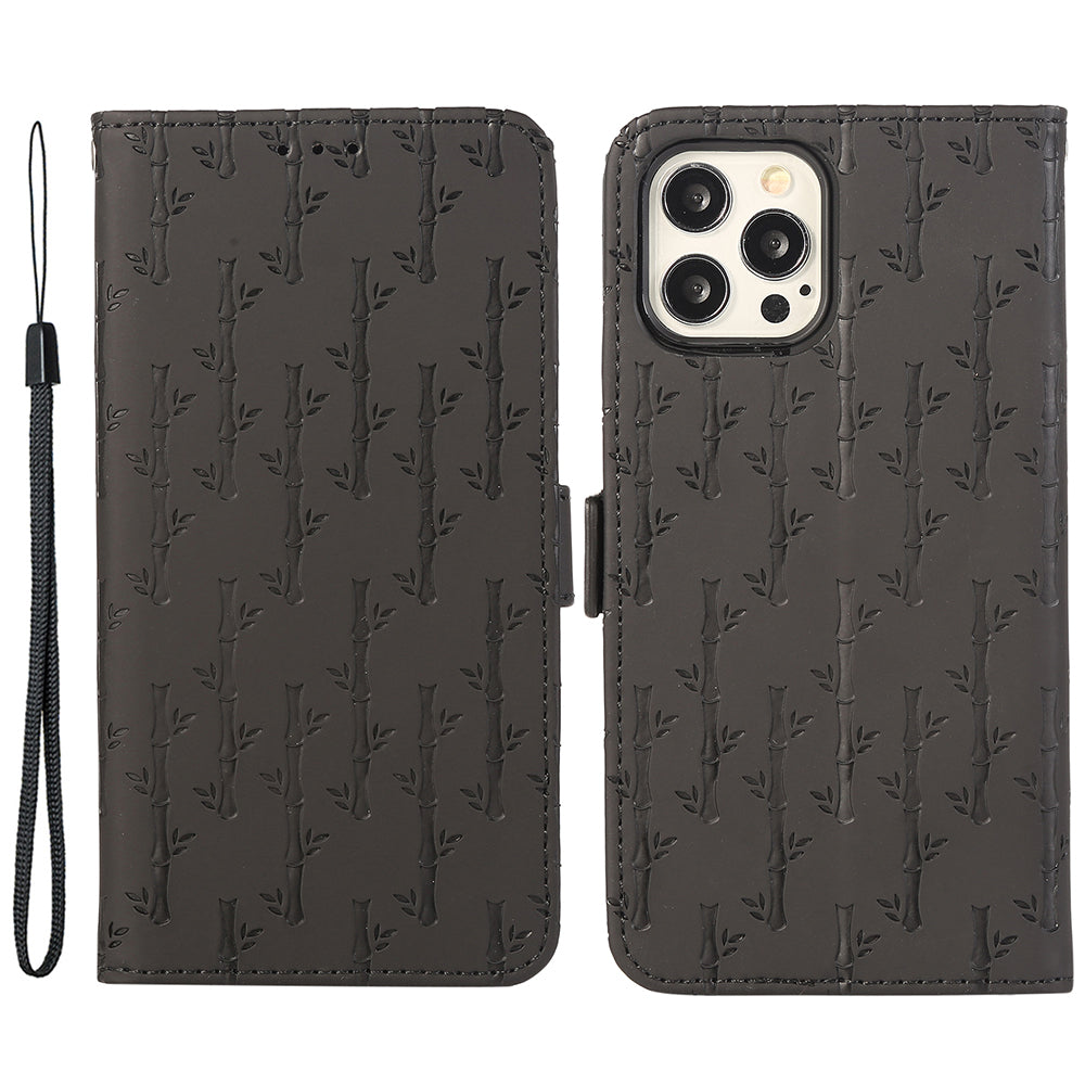 Skin-touch Flip Cover for iPhone 14 Pro Lucky Bamboo Imprinted Scratch Proof Phone Case with Strap