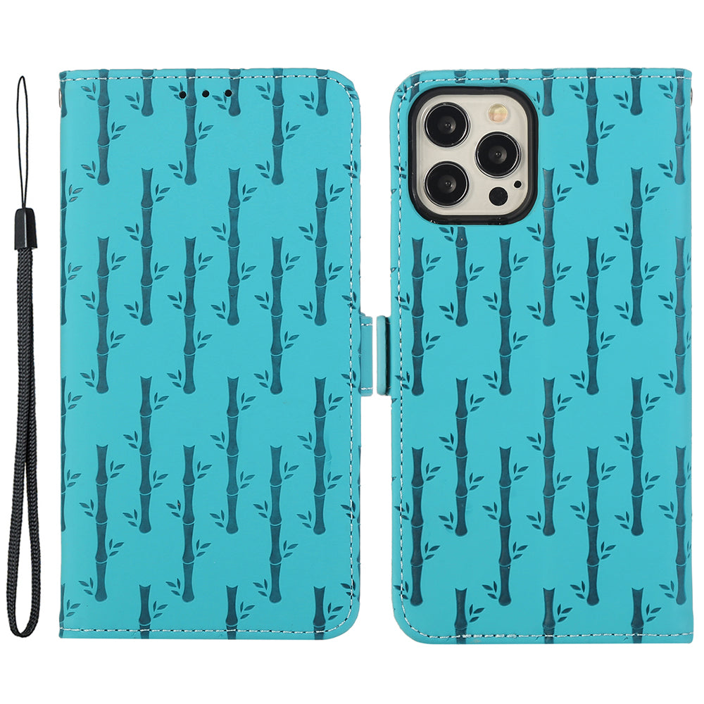 Skin-touch Flip Cover for iPhone 14 Pro Lucky Bamboo Imprinted Scratch Proof Phone Case with Strap