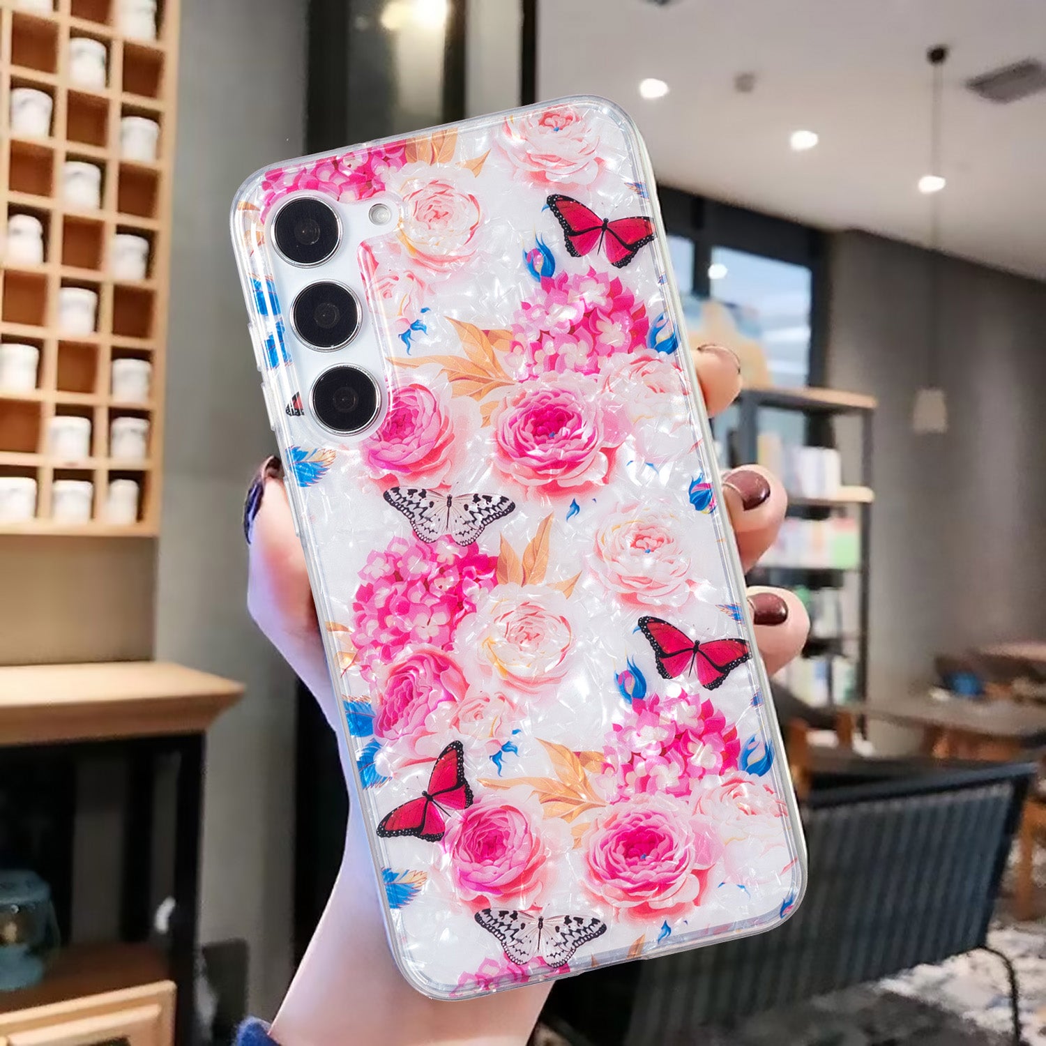 For Samsung Galaxy S23 Flexible TPU IMD Phone Case Marble Flower Shell Pattern Cover