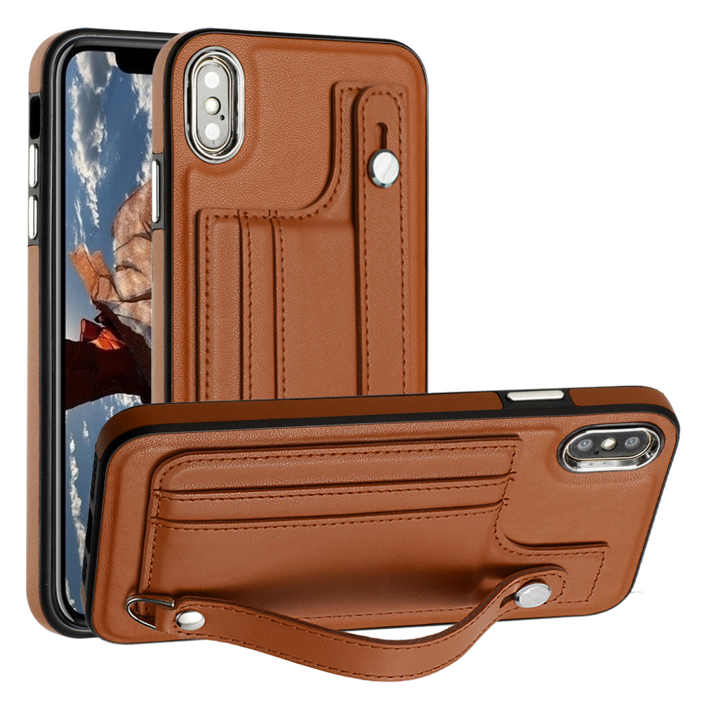 YB Leather Coating Series-5 For iPhone XS Max 6.5 inch Card Slots Shockproof Cover Leather Coated TPU Case with Kickstand