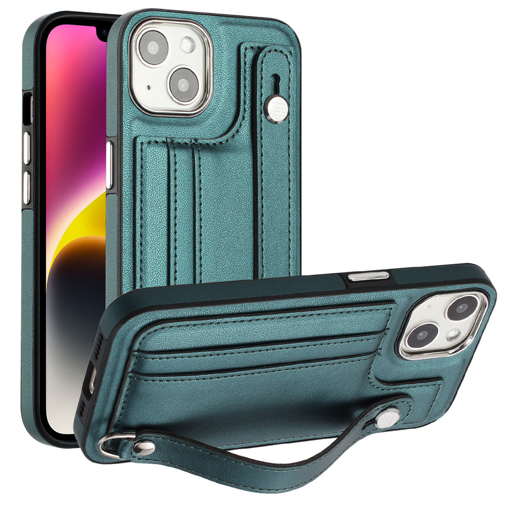 YB Leather Coating Series-5 For iPhone 14 Plus Shockproof Kickstand Case Leather Coated TPU Phone Cover with Card Slots