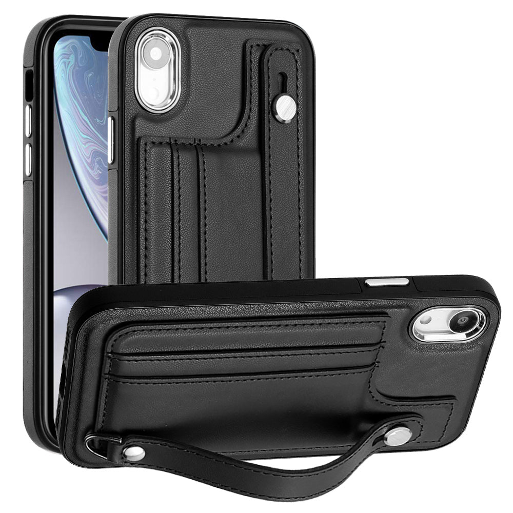 For iPhone XR 6.1 inch Card Slots Anti-Drop Case YB Leather Coating Series-5 TPU Phone Cover with Kickstand