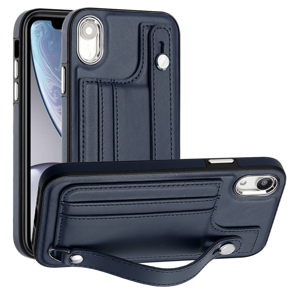 For iPhone XR 6.1 inch Card Slots Anti-Drop Case YB Leather Coating Series-5 TPU Phone Cover with Kickstand