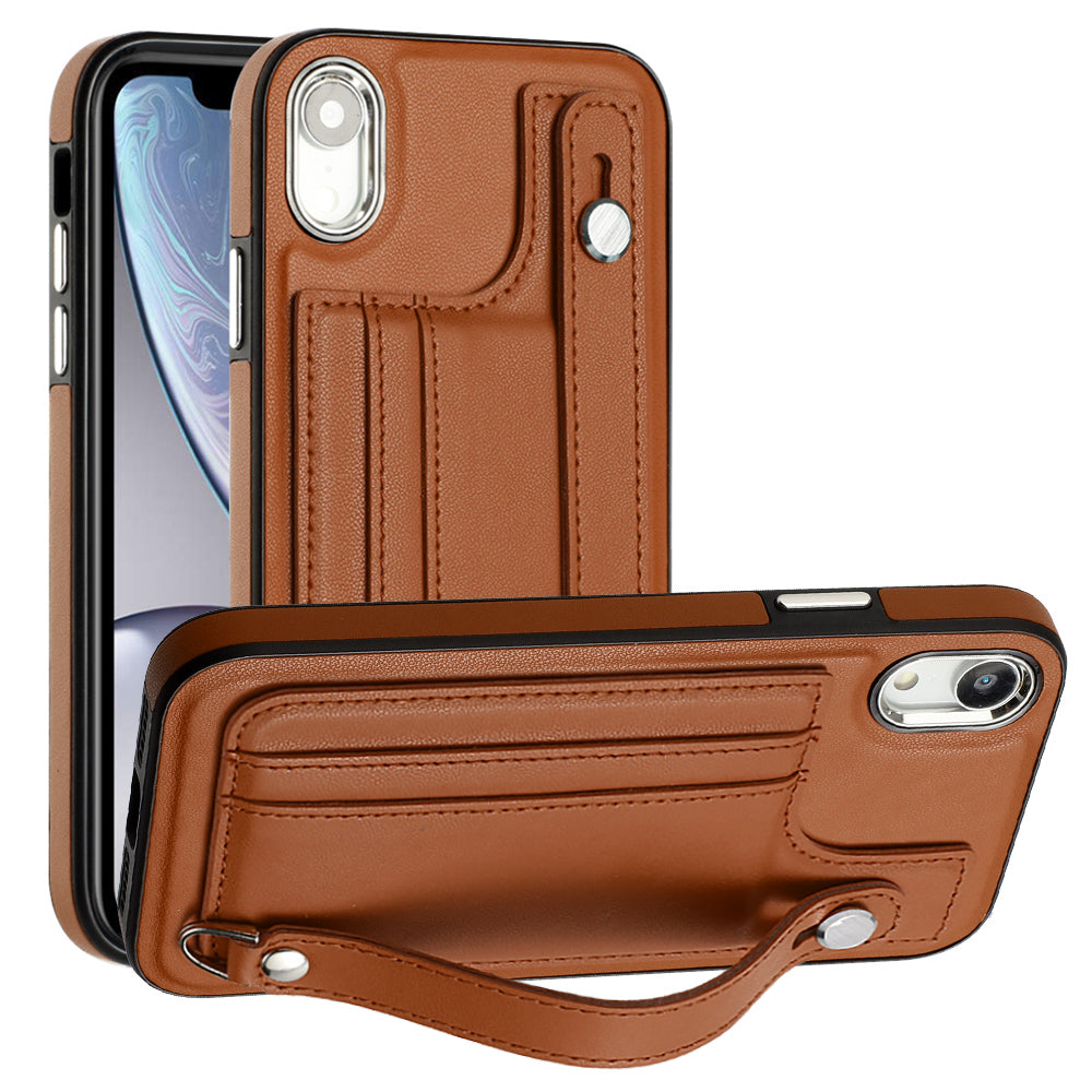 For iPhone XR 6.1 inch Card Slots Anti-Drop Case YB Leather Coating Series-5 TPU Phone Cover with Kickstand