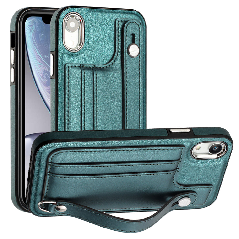For iPhone XR 6.1 inch Card Slots Anti-Drop Case YB Leather Coating Series-5 TPU Phone Cover with Kickstand