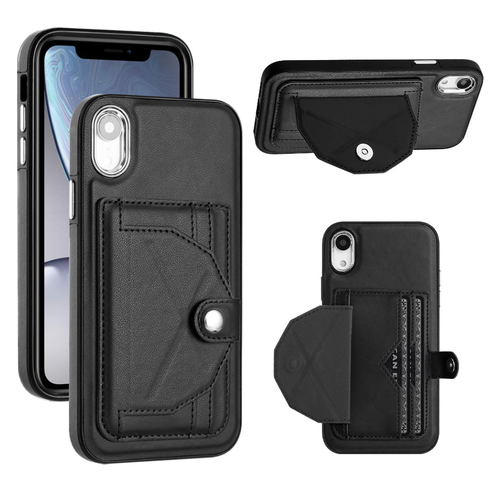 YB Leather Coating Series-4 Card Slots Phone Case for iPhone XR Kickstand PU Leather Coated TPU Cover