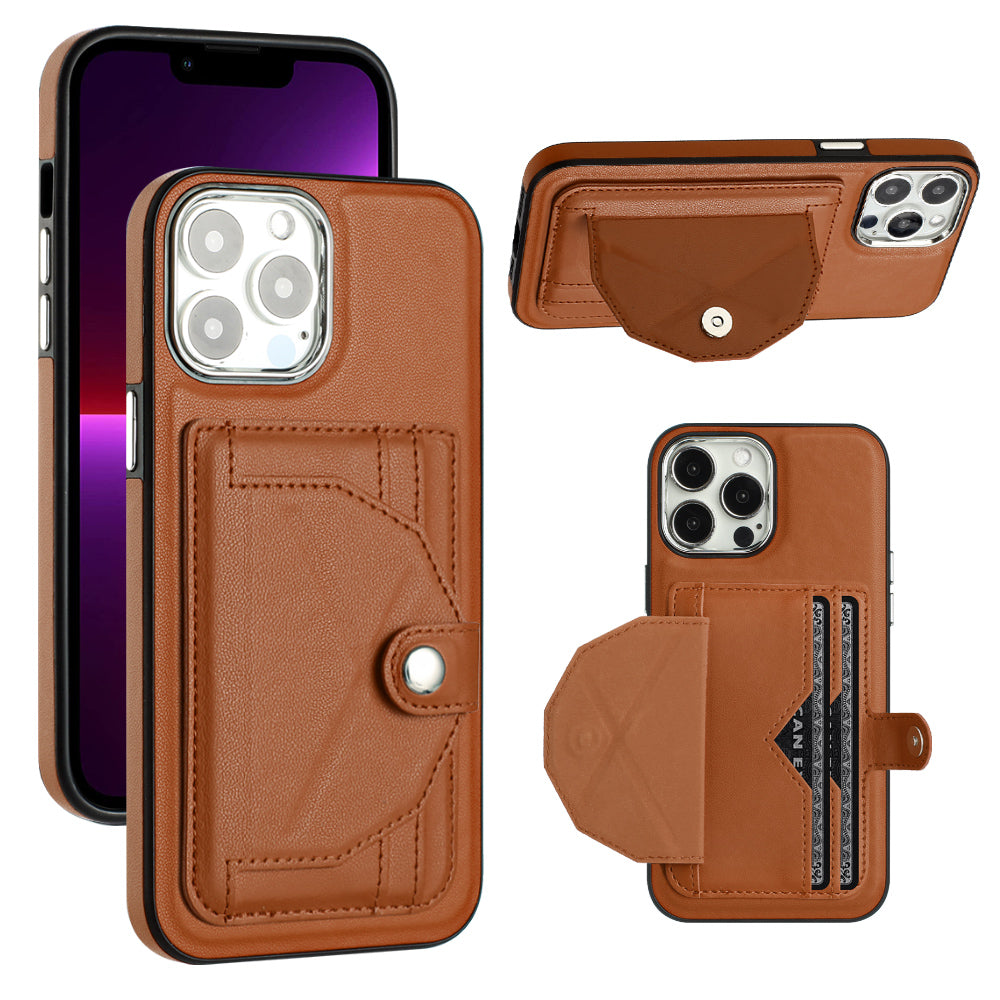 YB Leather Coating Series-4 for iPhone 13 Pro Max Kickstand Phone Cover Card Slots Leather TPU Case