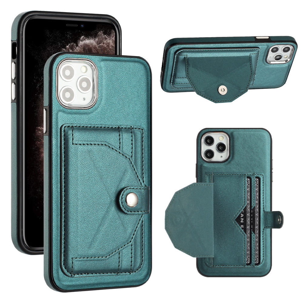 YB Leather Coating Series-4 for iPhone 11 Pro Max Card Slots Smartphone Case PU Leather Coated TPU Kickstand Cover