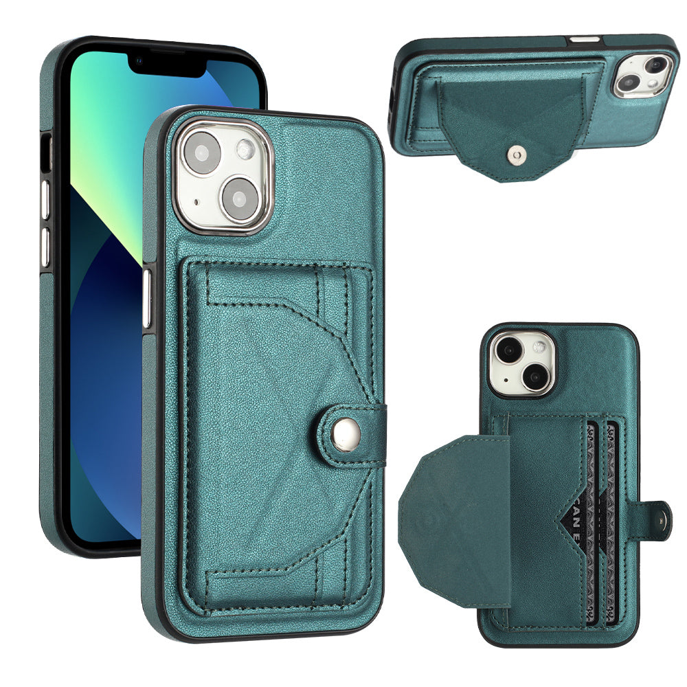 Pouzdro YB Leather Coating Series-4 Phone Kickstand pro iPhone 13 PU Leather Coating TPU kryt se sloty pro karty