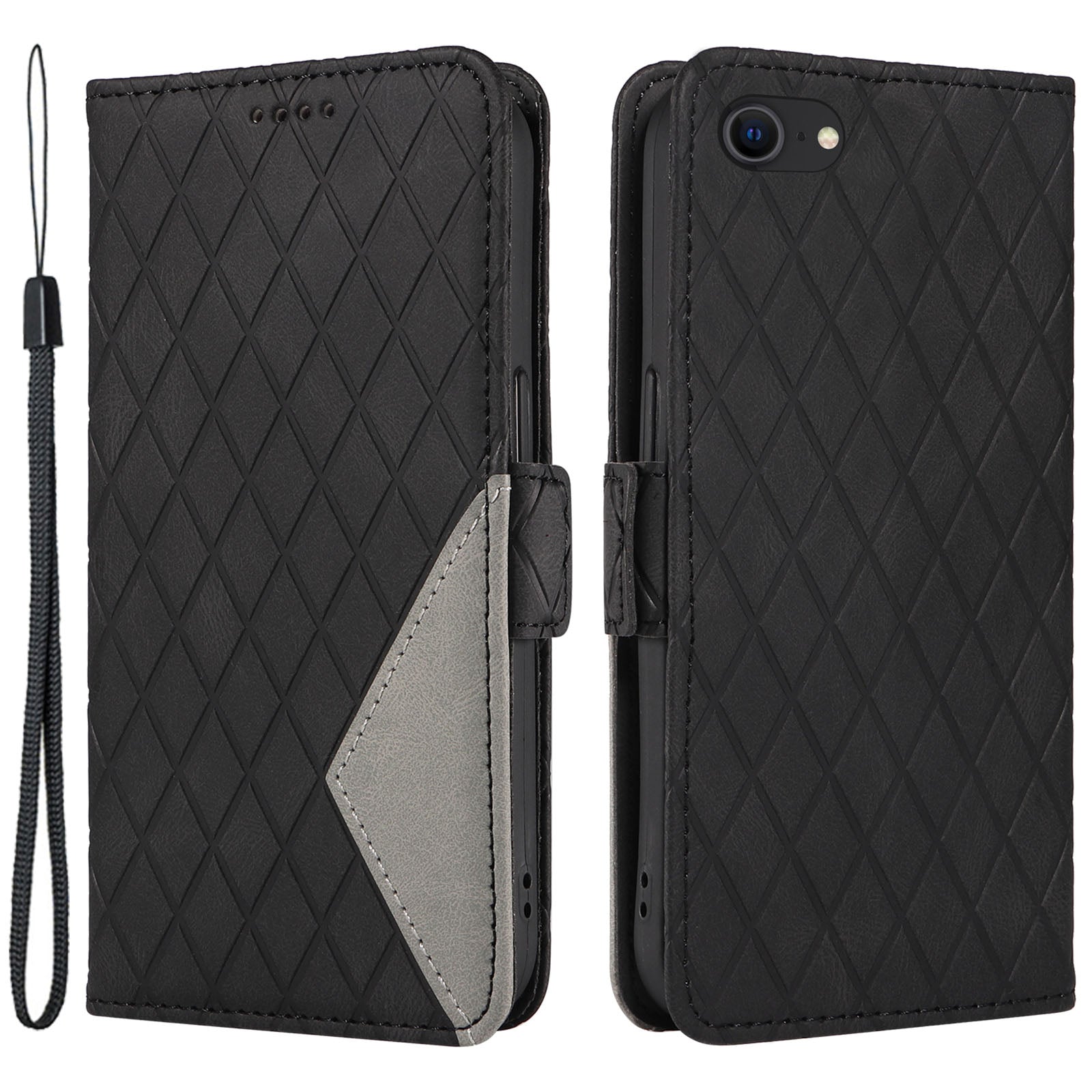 For iPhone 6/6s/7/8/SE (2020)/SE (2022) Rhombus Imprinted Stand Cover Color Splicing Phone Leather Wallet Case