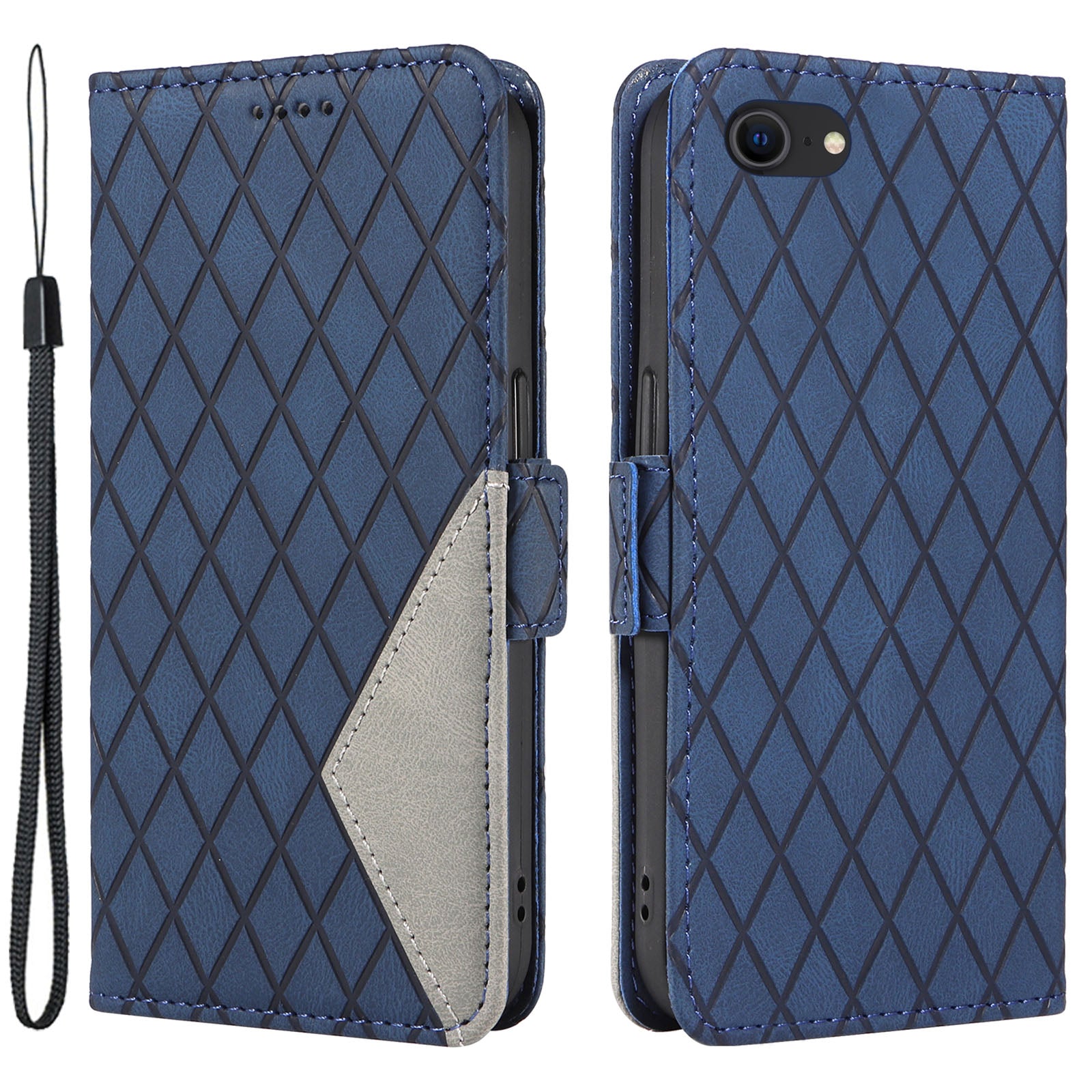 For iPhone 6/6s/7/8/SE (2020)/SE (2022) Rhombus Imprinted Stand Cover Color Splicing Phone Leather Wallet Case