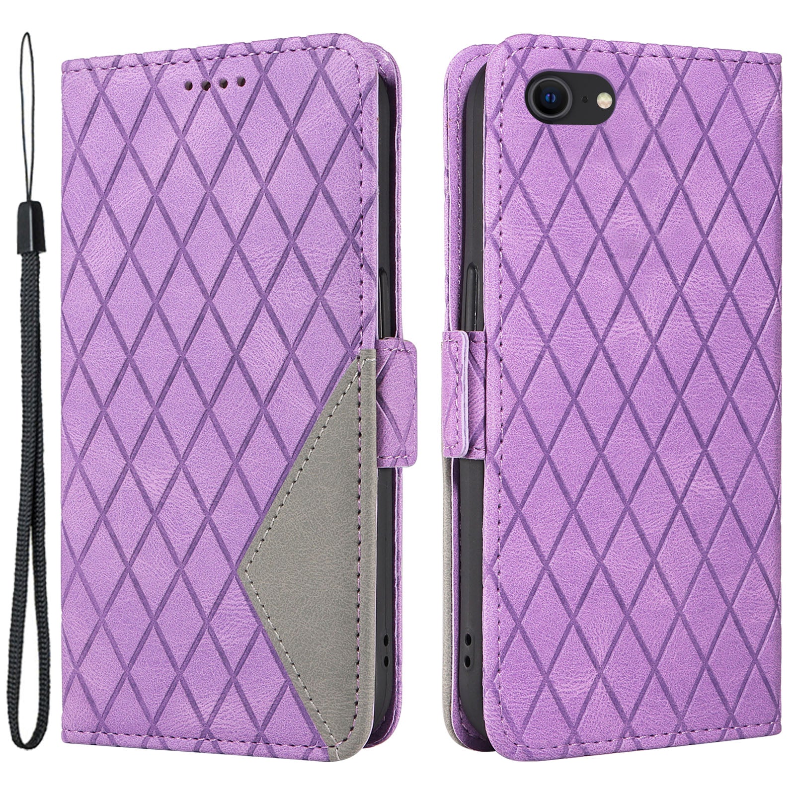 For iPhone 6/6s/7/8/SE (2020)/SE (2022) Rhombus Imprinted Stand Cover Color Splicing Phone Leather Wallet Case