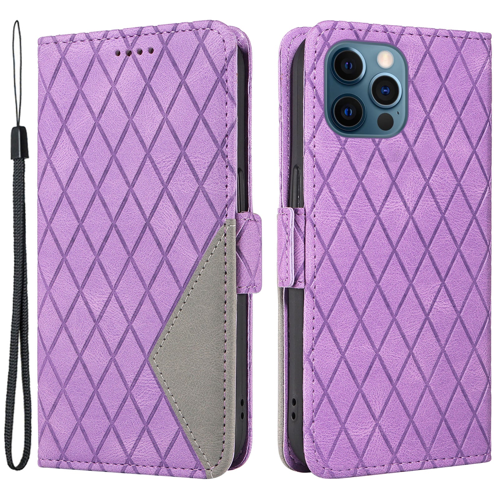 For iPhone 12/12 Pro 6.1 inch Scratch-proof Cover Rhombus Imprinted Stand Color Splicing Phone Leather Wallet Case