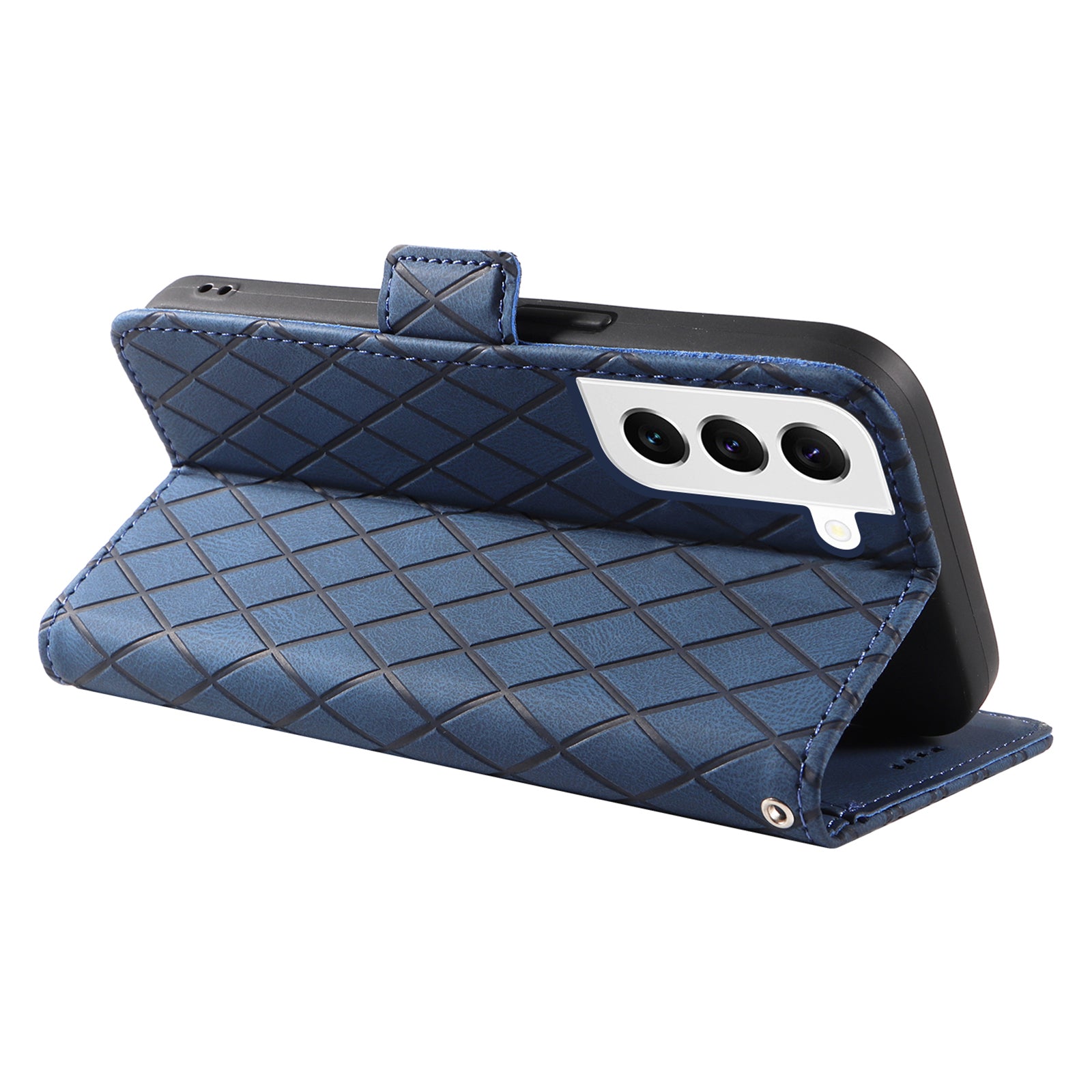 Leather Shell for Samsung Galaxy S22 5G Phone Case Color Splicing Rhombus Imprinted Wallet Stand Cover