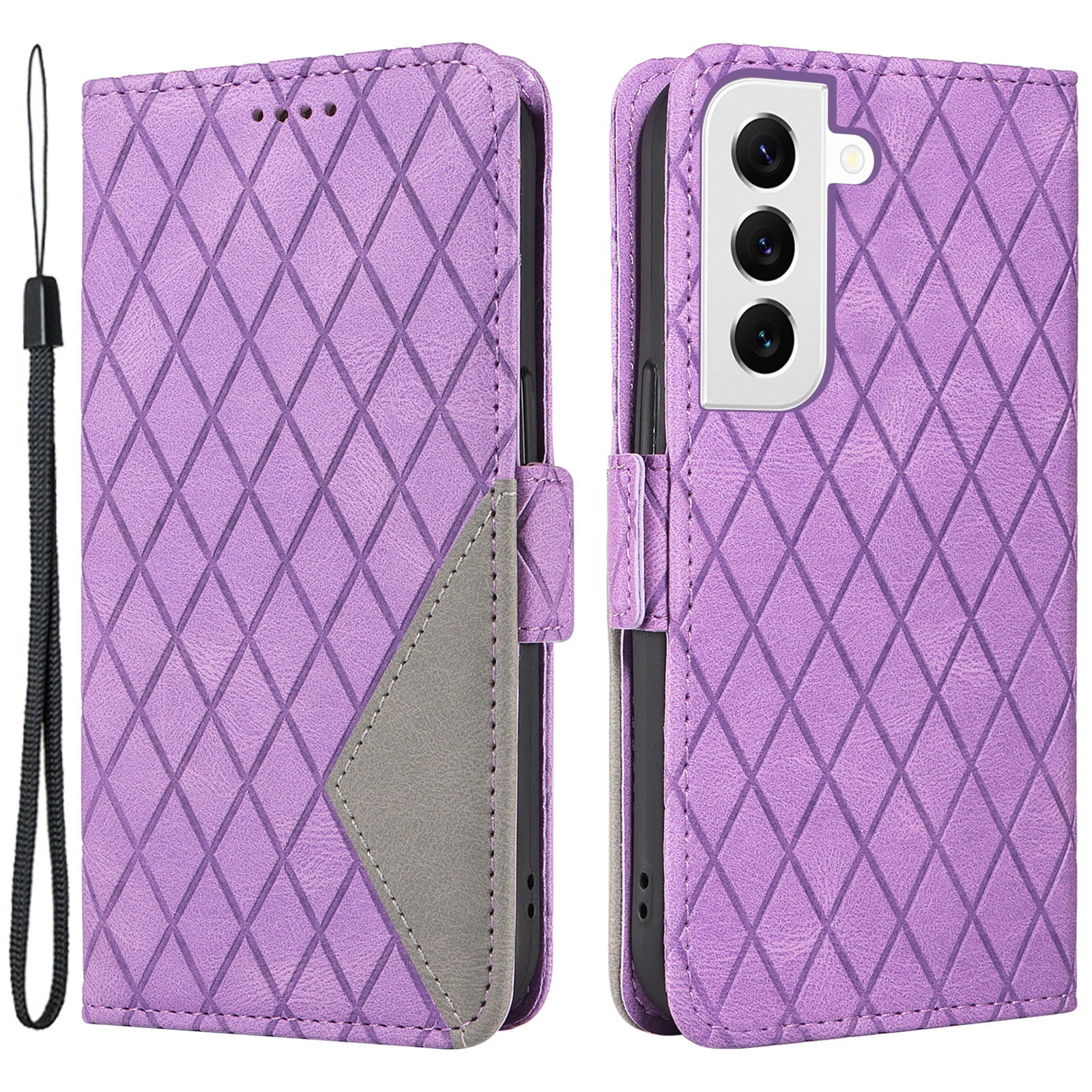 Leather Shell for Samsung Galaxy S22 5G Phone Case Color Splicing Rhombus Imprinted Wallet Stand Cover