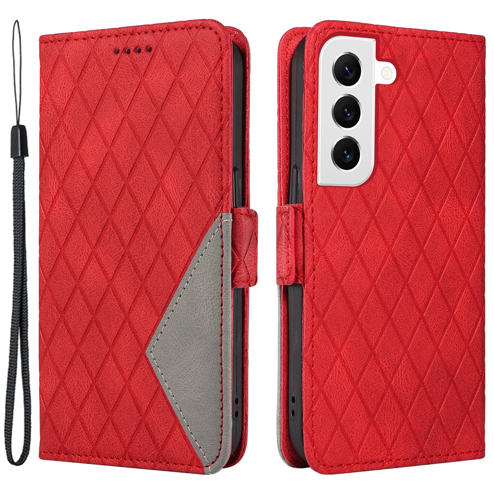 Leather Shell for Samsung Galaxy S22 5G Phone Case Color Splicing Rhombus Imprinted Wallet Stand Cover