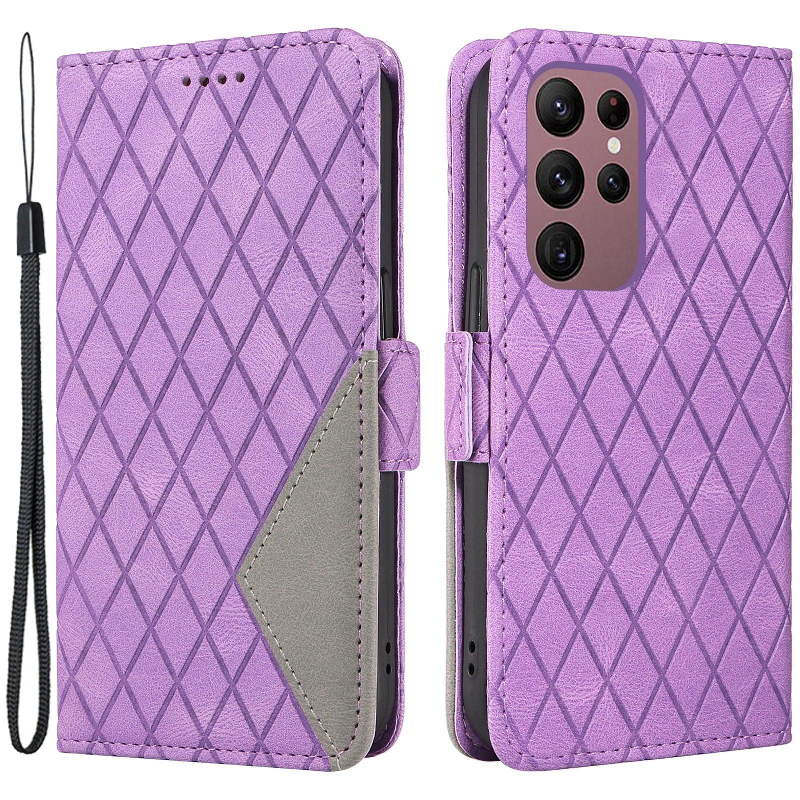 For Samsung Galaxy S22 Ultra 5G Anti-fall PU Leather Phone Case Color Splicing Rhombus Imprinted Wallet Stand Cover