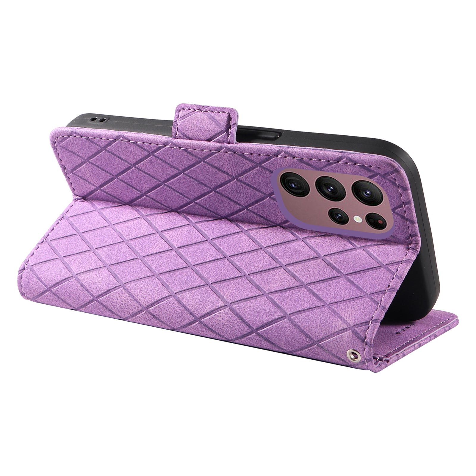 For Samsung Galaxy S22 Ultra 5G Anti-fall PU Leather Phone Case Color Splicing Rhombus Imprinted Wallet Stand Cover