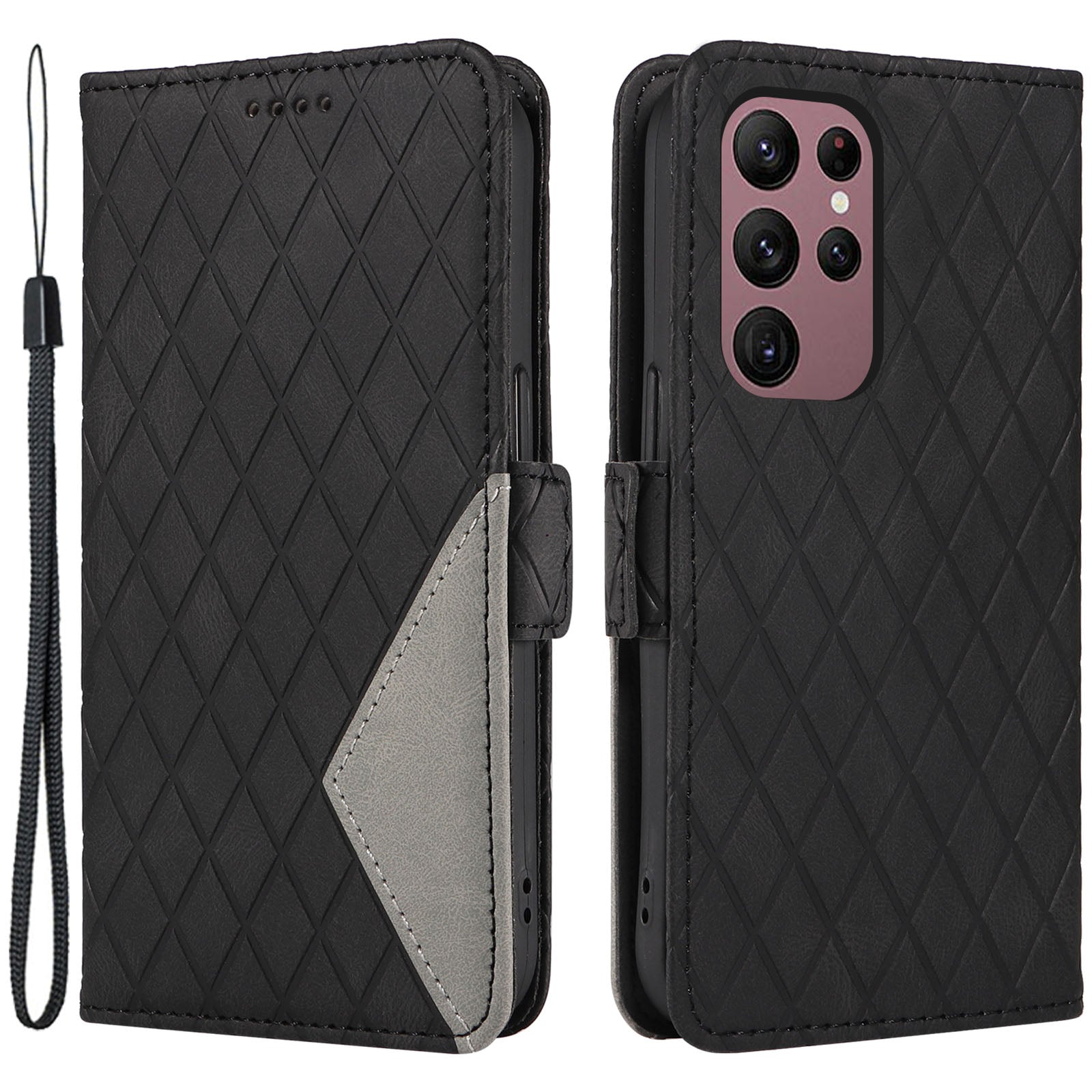 For Samsung Galaxy S22 Ultra 5G Anti-fall PU Leather Phone Case Color Splicing Rhombus Imprinted Wallet Stand Cover