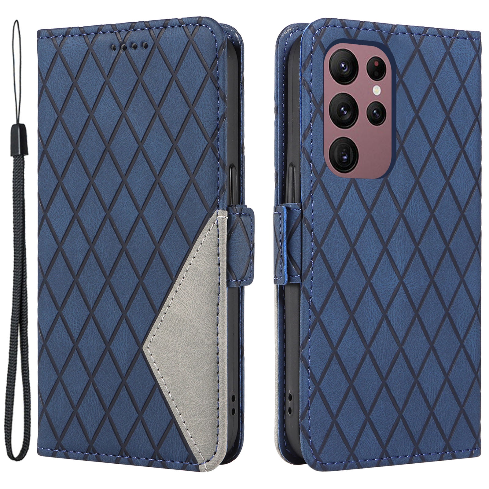 For Samsung Galaxy S22 Ultra 5G Anti-fall PU Leather Phone Case Color Splicing Rhombus Imprinted Wallet Stand Cover