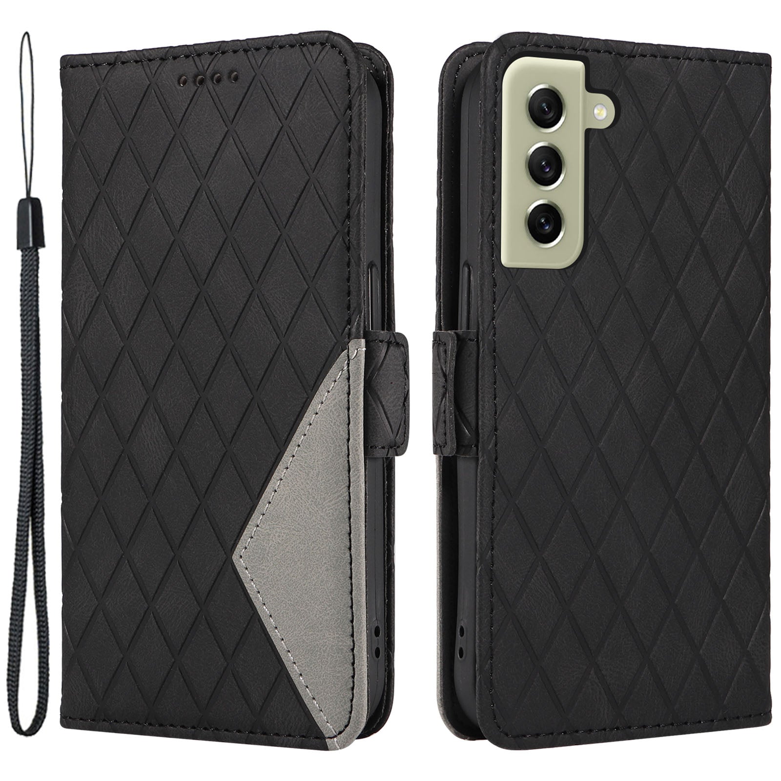 PU Leather TPU Phone Case for Samsung Galaxy S21 FE 5G Color Splicing Rhombus Imprinted Wallet Stand Cover