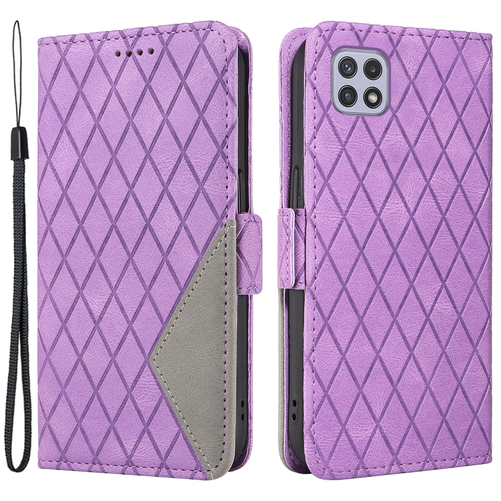 Anti-scratch Cover for Samsung Galaxy A22 5G (EU Version) Rhombus Imprinted Stand Color Splicing Phone Leather Wallet Case