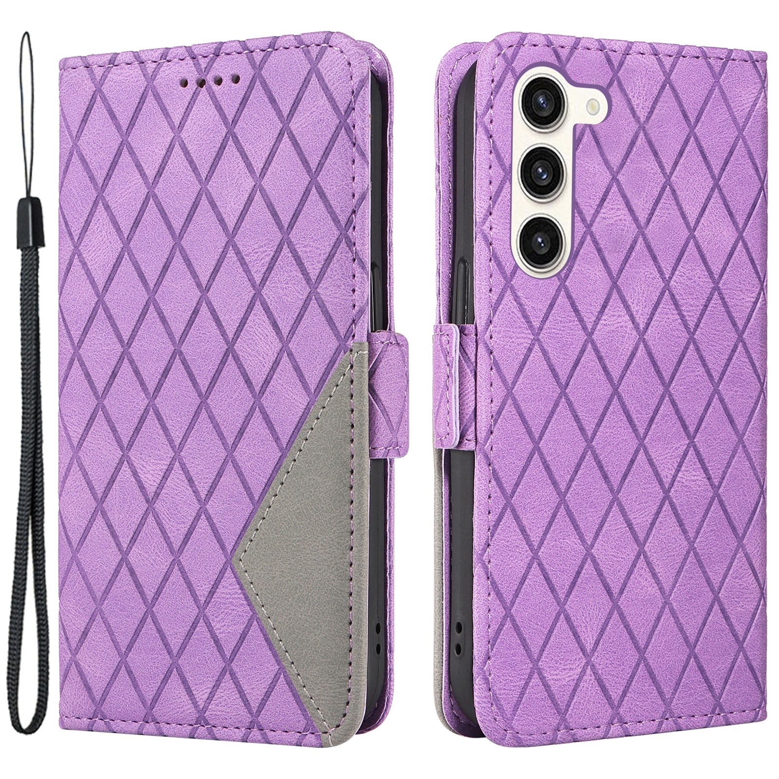 Rhombus Imprinted Case for Samsung Galaxy S23 Wallet Stand PU Leather Phone Cover