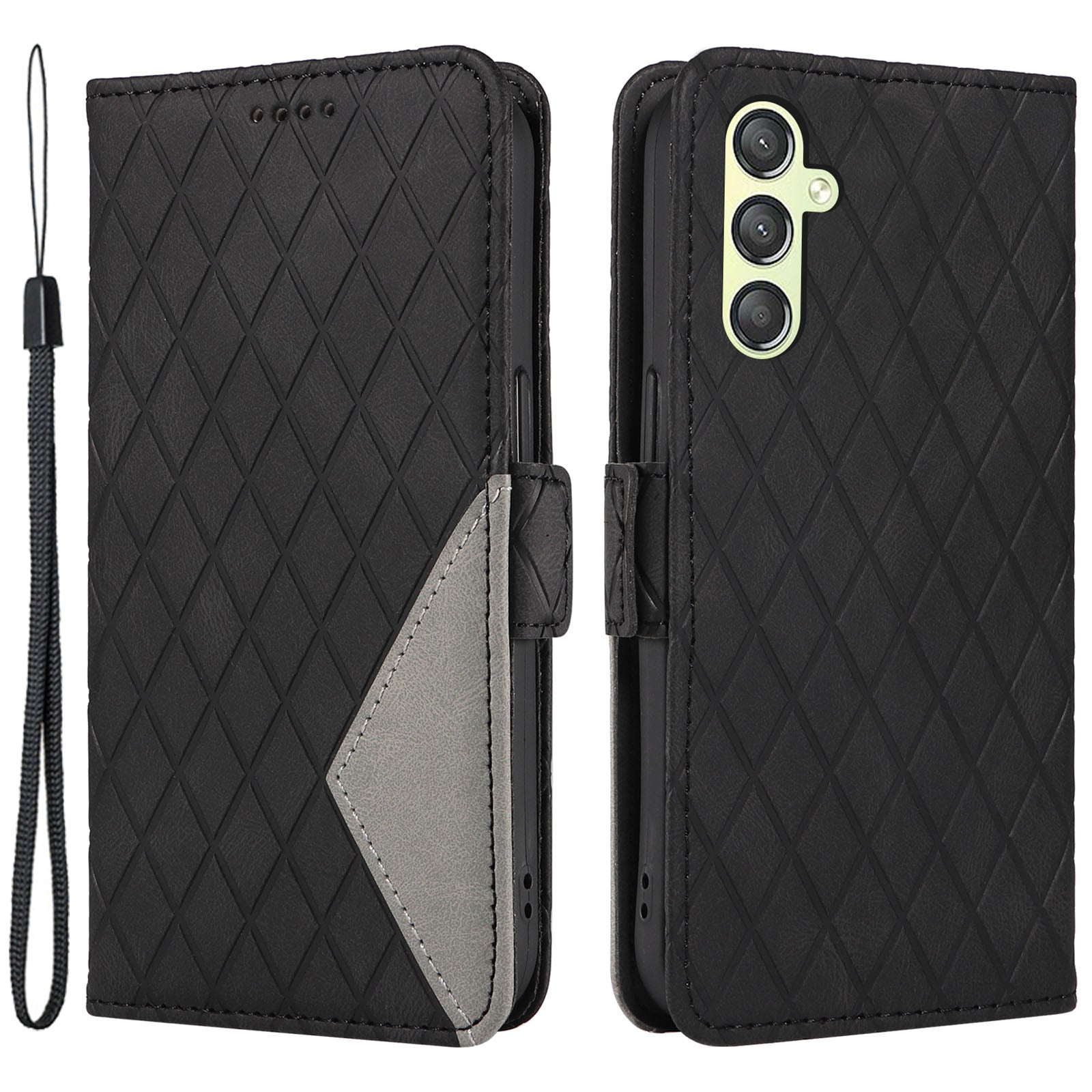 For Samsung Galaxy A24 4G Rhombus Imprinted Leather Wallet Stand Phone Cover Color Splicing Drop-proof Case